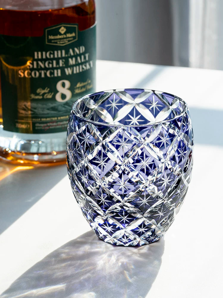 Purple Seven Treasures Pattern Edo Kiriko Crystal Glass Hand-carved Gift Mug, Oval Glass for Whisky brandy glass