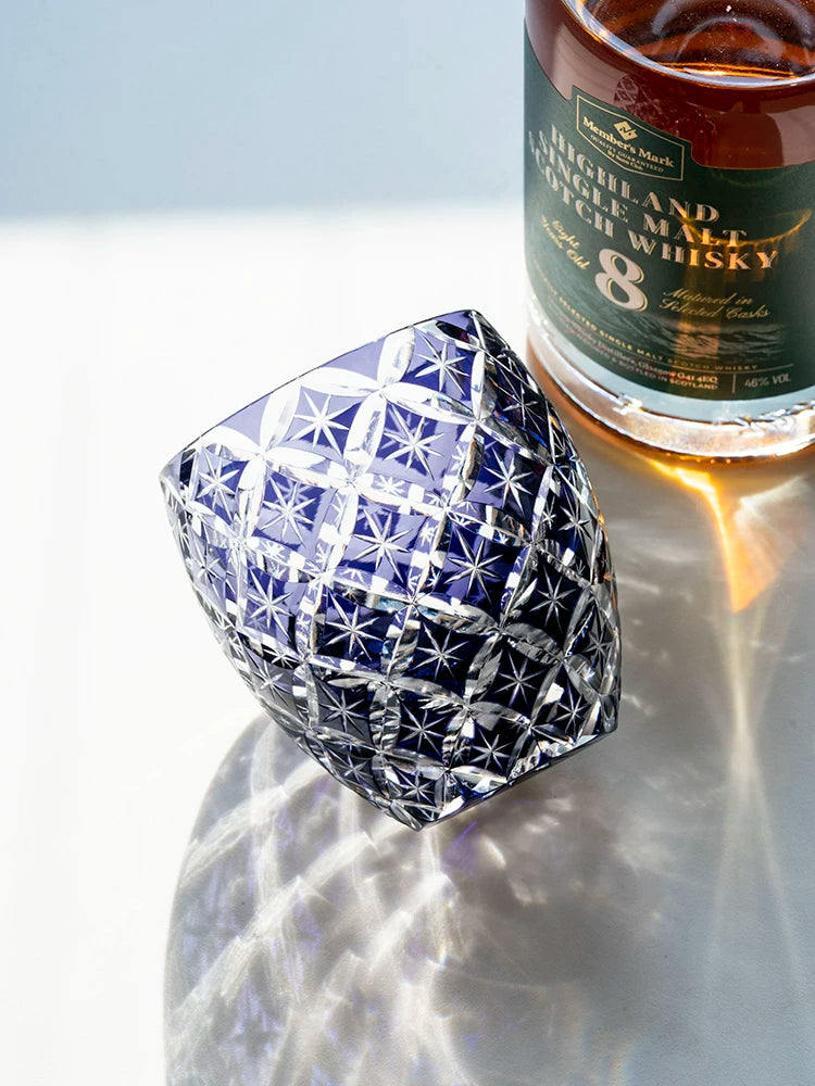 Purple Seven Treasures Pattern Edo Kiriko Crystal Glass Hand-carved Gift Mug, Oval Glass for Whisky brandy glass