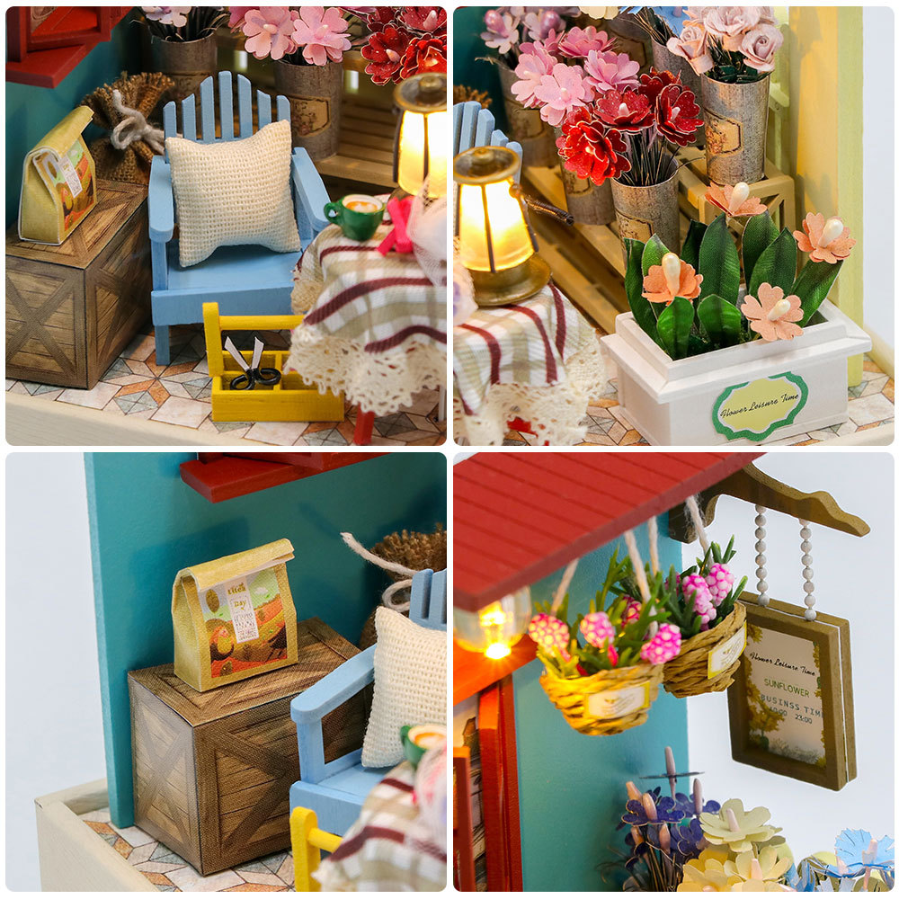 Pandafae DIY Assembled Wooden Happiness Flower Shop Assembly Model House Miniature Scene Ornament(Free shipping)