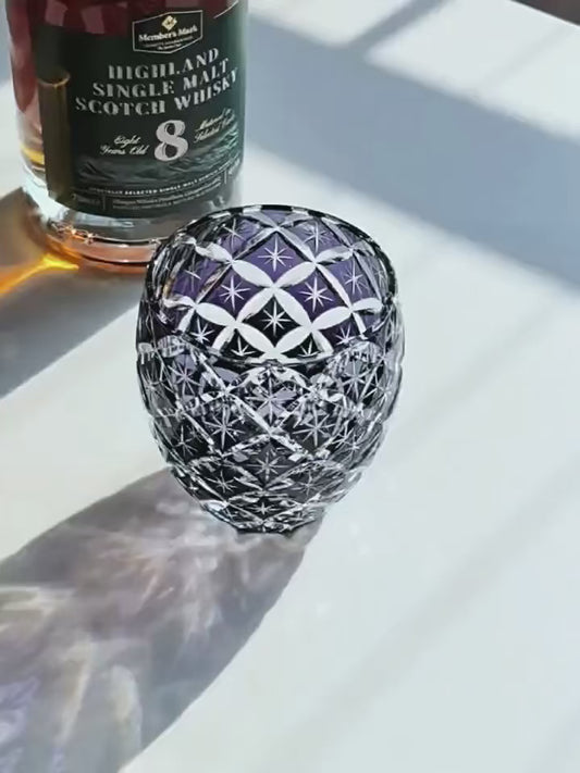 Purple Seven Treasures Pattern Oriental Carving Crystal Glass Hand-carved Gift Mug, Oval Glass for Whisky brandy glass