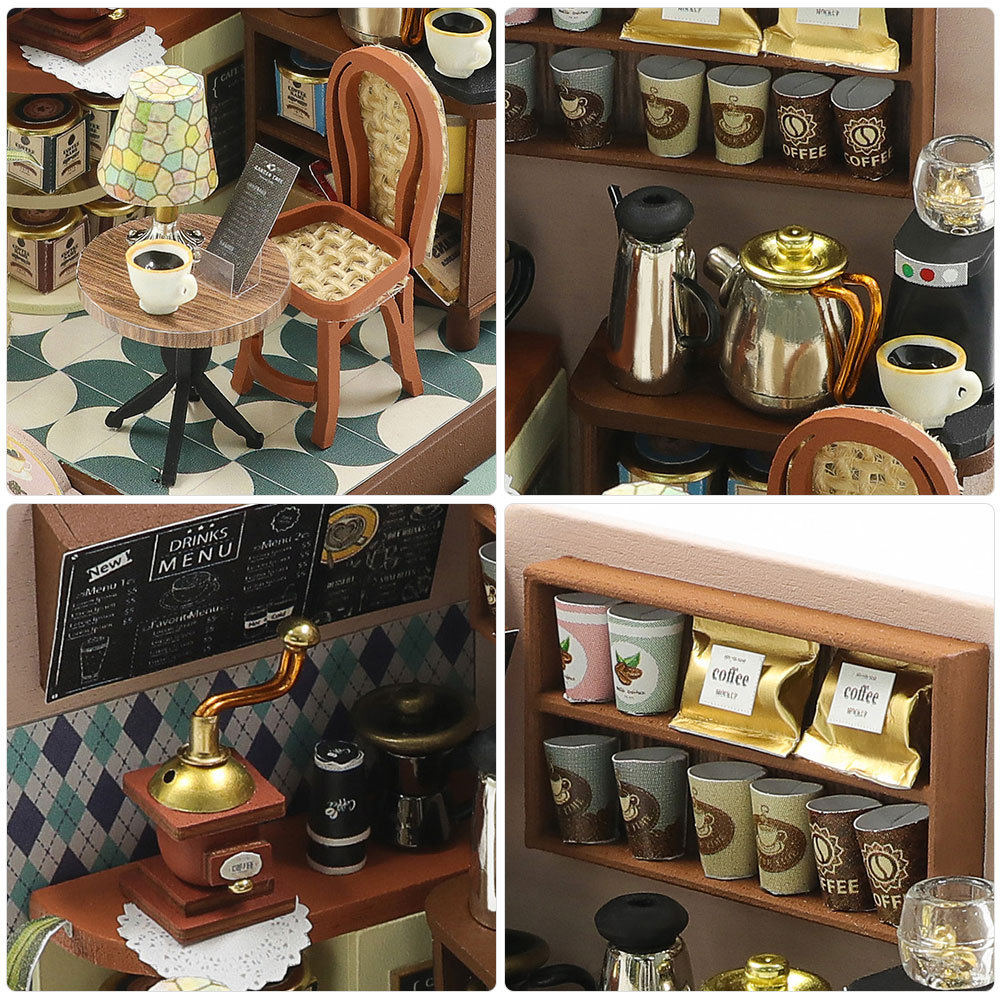 Pandafae Wooden DIY Transit Coffee Shop House Assembly Model House Miniature Scene Ornament (Free shipping)