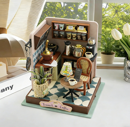 Pandafae Wooden DIY Transit Coffee Shop House Assembly Model House Miniature Scene Ornament (Free shipping)